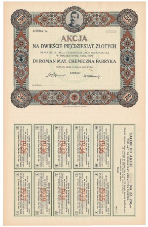 Dr. ROMAN MAY, Chemical Factory, 250 zloty 1927 - blank without number