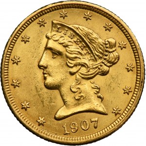 USA, 5 Dollars Philadelphia 1907 - Liberty Head