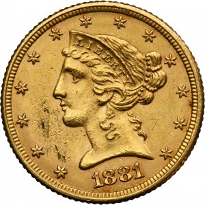 USA, 5 Dollars Philadelphia 1881 - Liberty Head