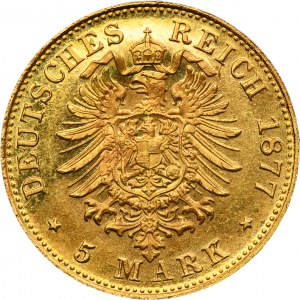 Germany, Saxony, Albert, 5 Mark Muldenhütten 1877 E