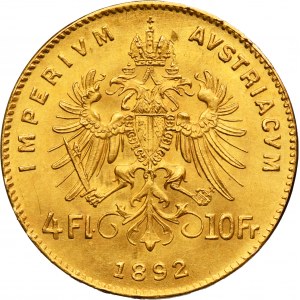 Austria, Francesco Giuseppe I, 4 fiorini = 10 franchi Vienna 1892 - BICICLETTA NUOVA