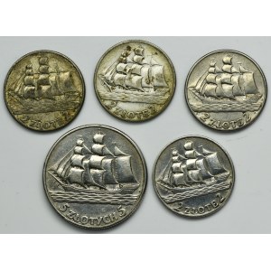 Zestaw, II RP, Żaglowiec, 2-5 złotych 1936 (5 szt.)