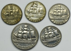 Set, II RP, Sailing ship, 2-5 gold 1936 (5 pieces).