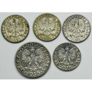 Zestaw, II RP, Żaglowiec, 2-5 złotych 1936 (5 szt.)