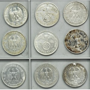 Set, Germany, Third Reich, 5 Mark 1934-1937 (9 pcs.)