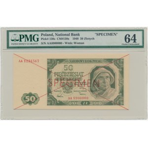 50 zloty 1948 - SPECIMEN - AA 1234567/8900000 - PMG 64