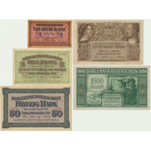 Set, Ober Ost, Kaunas and Poznań, 1/2-1,000 marks, 3 rubles 1916-18 (5 pieces).