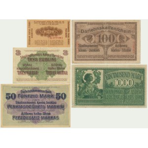 Set, Ober Ost, Kaunas and Poznań, 1/2-1,000 marks, 3 rubles 1916-18 (5 pieces).