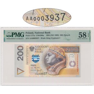 200 zloty 1994 - AA 0003937 - PMG 58 EPQ - low serial number