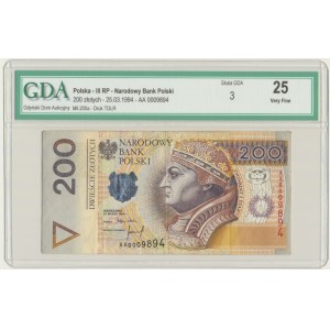 200 zlotých 1994 - AA 0009894 - GDA 25 - nízké sériové číslo