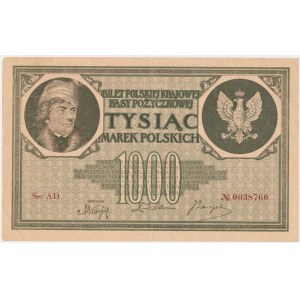 1,000 marks 1919 - Ser. AD - 7 digits -.