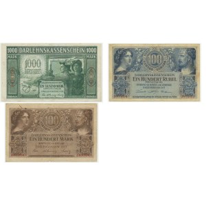 Zestaw, Ober Ost, Kowno i Poznań, 100-1.000 marek, 100 rubli 1916-18 (3 szt.)