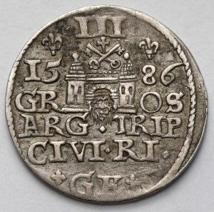 Stefan Batory, Trojak Riga 1586 - testa grande, gigli