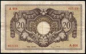 Italian Somaliland. 20 Somali 1950 Prefix A 018