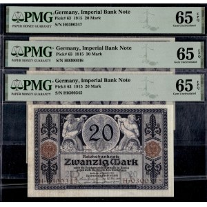 Germany. Imperial Bank 20 Mark 1915 3 Consecutive Pieces