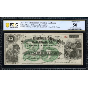 United States of America. Marion Alabama 25 Cents 1871 Selma Marion & Memphis Railroad Low S/N 27