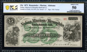 Spojené státy americké. Marion Alabama 25 centů 1871 Selma Marion & Memphis Railroad Low S/N 27
