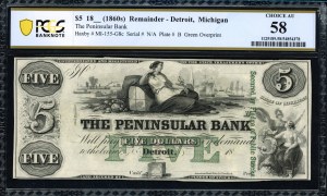 United States of America. Detroit Michigan 5 Dollars 1860s The Peninsular Bank