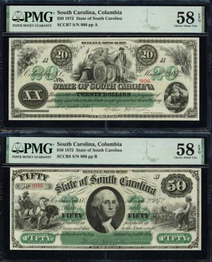 Spojené státy americké. Jižní Karolína Columbia 20 a 50 dolarů 1872 Stejné sériové číslo 906 Vzácné