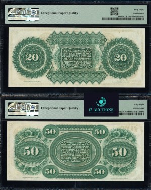 Spojené státy americké. Jižní Karolína Columbia 20 a 50 dolarů 1872 Stejné sériové číslo 906 Vzácné