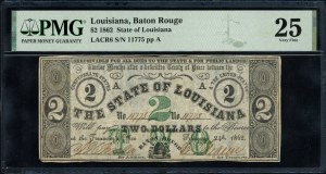 Spojené státy americké. Baton Rouge Louisiana 2 dolary 1862 Občanská válka