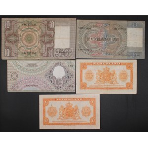 Netherlands. 1939-1943 1 2 1/2 & 10 Gulden 5 Pieces