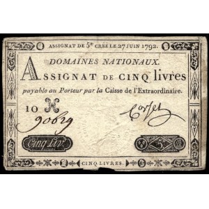 France. 5 Livres 1792 Assignat Scarce