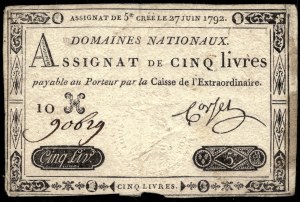 Francie. 5 Livres 1792 Assignat Scarce