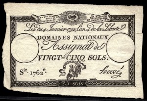 Francie. 25 Sols 1796 An 4 Assignat Serie 1762