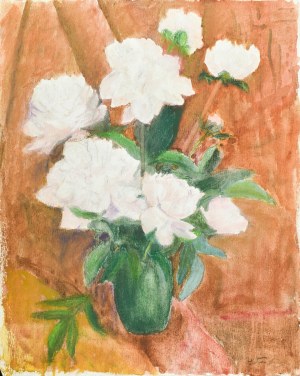 Władysław SERAFIN (1905-1988), Bladoróżowe peonie w zielonym wazonie na tle ugrowej tkaniny