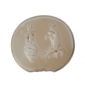 A Roman agate intaglio. Canopus vase with a bust of Horus.