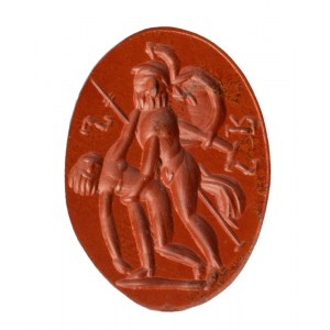 A Roman red jasper intaglio. Menelaos and Patroclus.