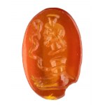 A Roman magical carnelian intaglio. Serapis with foot and snake.