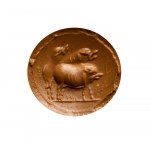 A Roman carnelian intaglio set in a silver ring. Three pigs.