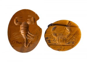 A lot of 2 Roman yellow jaspers intaglios. A crab and a scorpio.