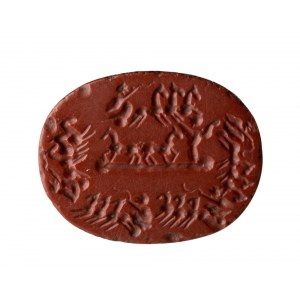 A large Roman provoncial red jasper intaglio. Circus horse riding scene.