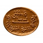 A large Roman provoncial red jasper intaglio. Circus horse riding scene.