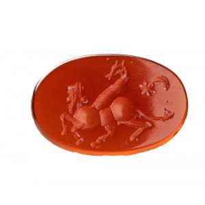 A Sasanian carnelian intaglio. Hybrid figure with attributes.