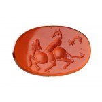 A Sasanian carnelian intaglio. Hybrid figure with attributes.