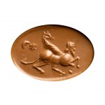 A Sasanian carnelian intaglio. Hybrid figure with attributes.