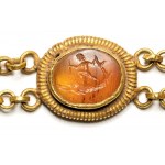 A Roman gold bracelet with six hardstones intaglios. Various subjects.