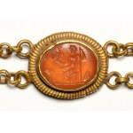 A Roman gold bracelet with six hardstones intaglios. Various subjects.