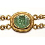 A Roman gold bracelet with six hardstones intaglios. Various subjects.