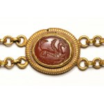 A Roman gold bracelet with six hardstones intaglios. Various subjects.