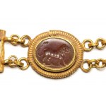 A Roman gold bracelet with six hardstones intaglios. Various subjects.