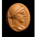 A Roman carnelian intaglio set in a gold stick pin. Apollo.