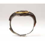 A Roman nicolo intaglio set in a iron and gold ring (restored with silver). Gorgona head.