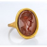 A fine Roman carnelian intaglio set in a modern gold ring. Portrait of the empress Sabina.