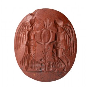 A large Late Roman red jasper intaglio. Emblematic scene with two victories.