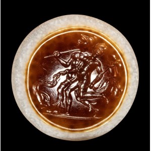 A magical eye agate intaglio. Two figures with attributes.